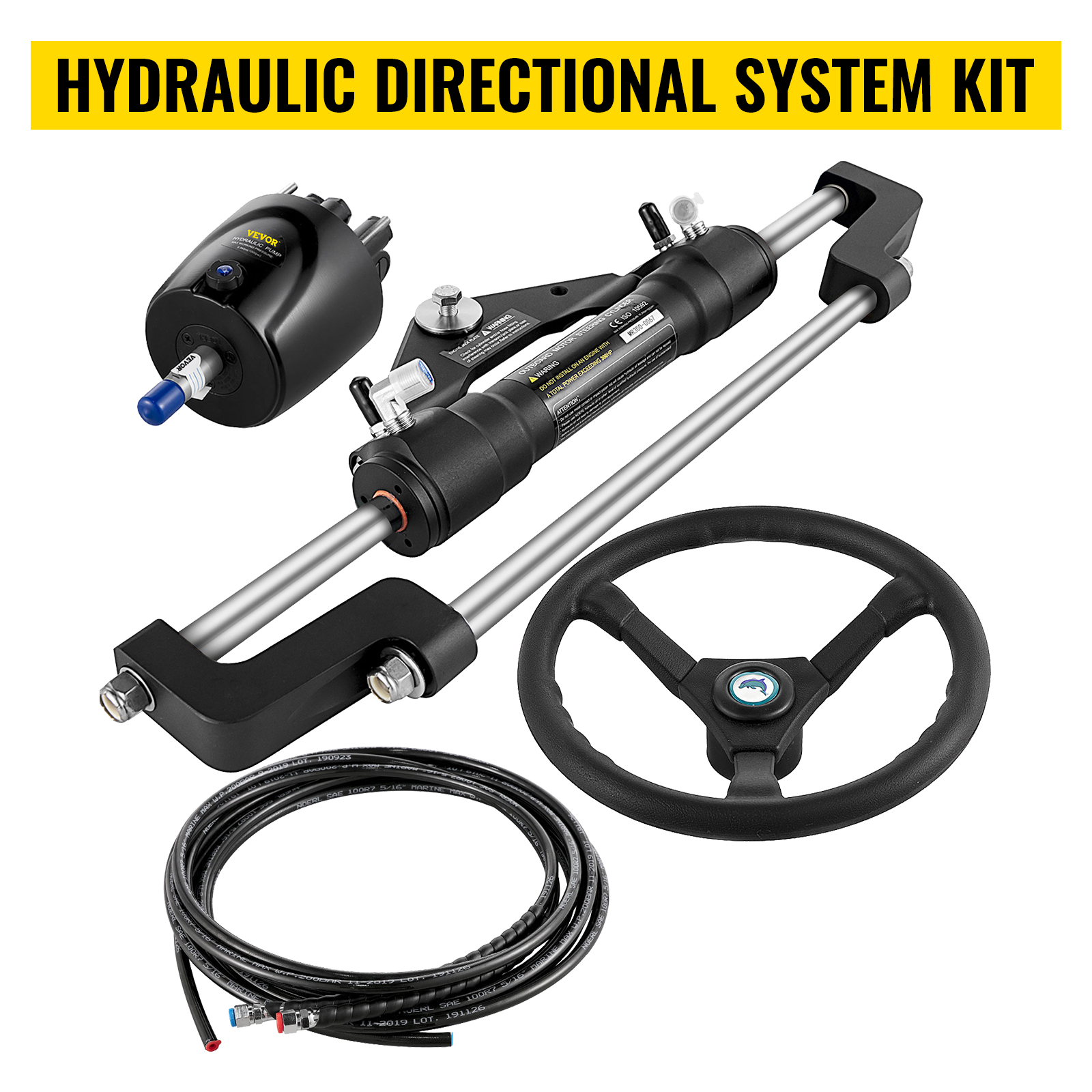 VEVOR hydraulic boat steering kit components: cylinder, pump, steering wheel, and hoses.