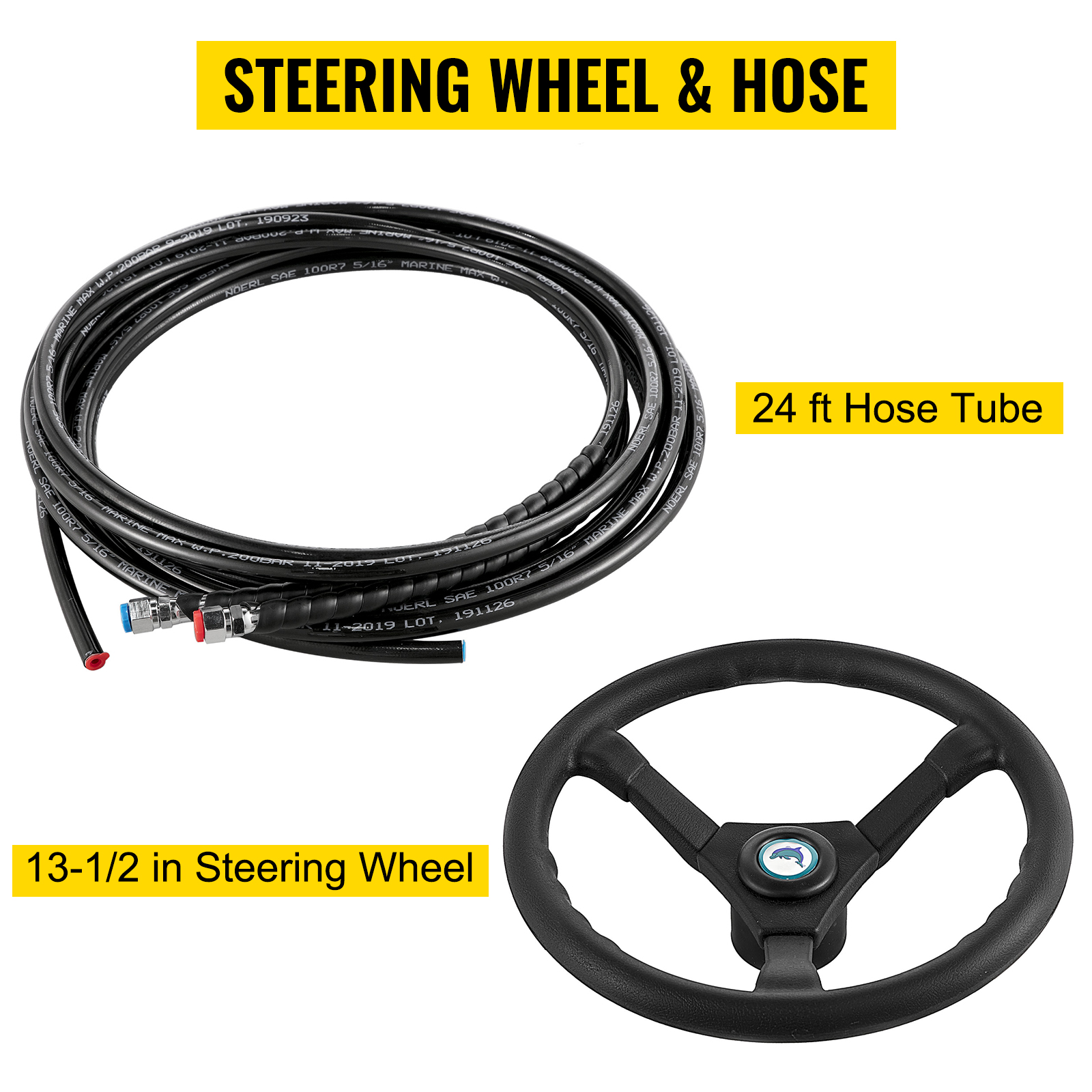 VEVOR hydraulic boat steering kit with 24ft hose tube and 13.5in steering wheel