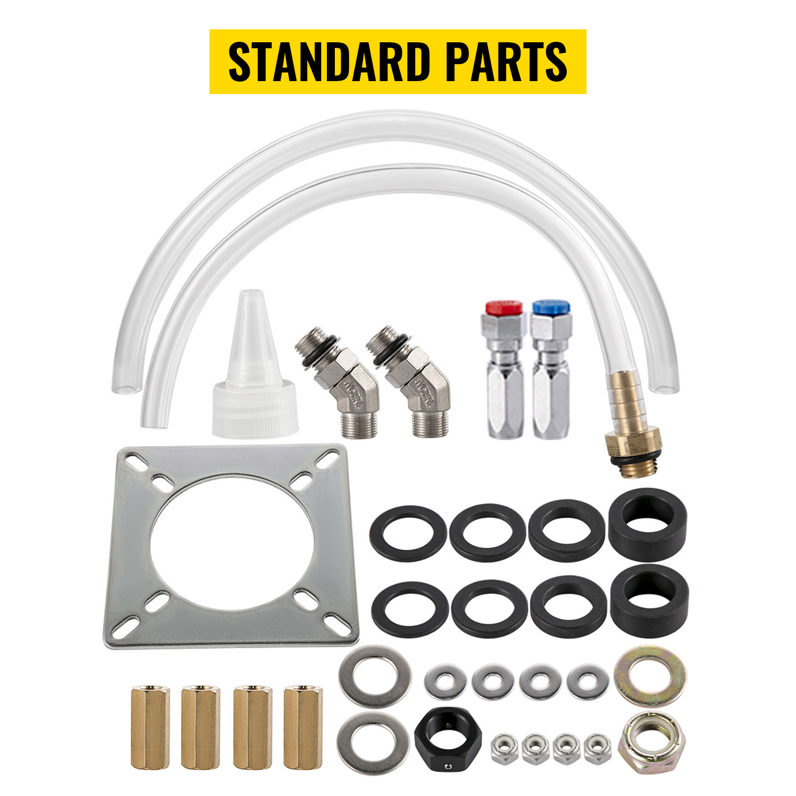 VEVOR hydraulic boat steering kit components arranged with clear tubes and metal fittings.