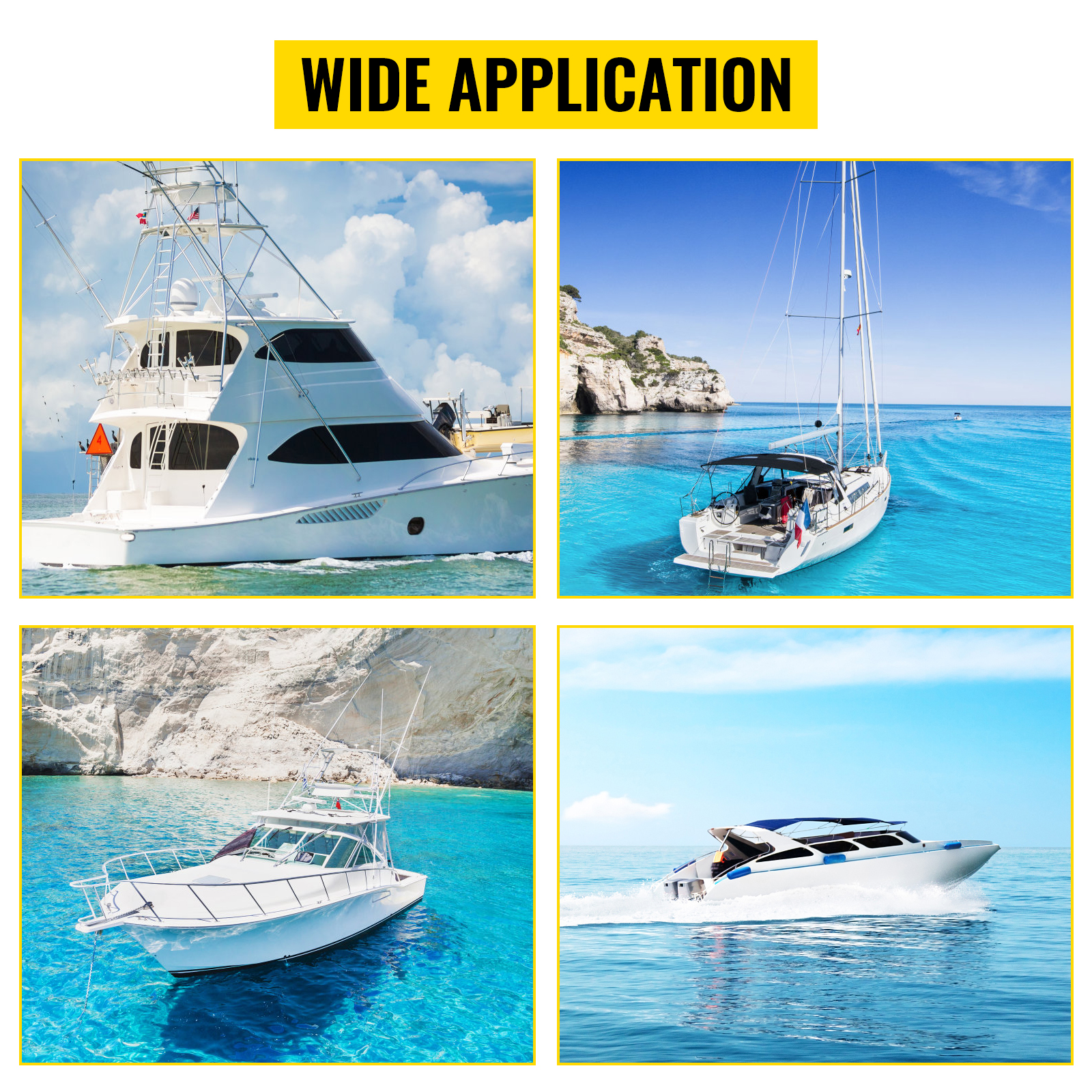 wide application of VEVOR hydraulic boat steering kit on various boats in clear waters.