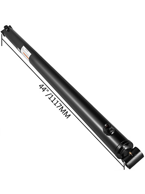 VEVOR hydraulic cylinder, 44-inch/1117mm, black, with mounting and port details.