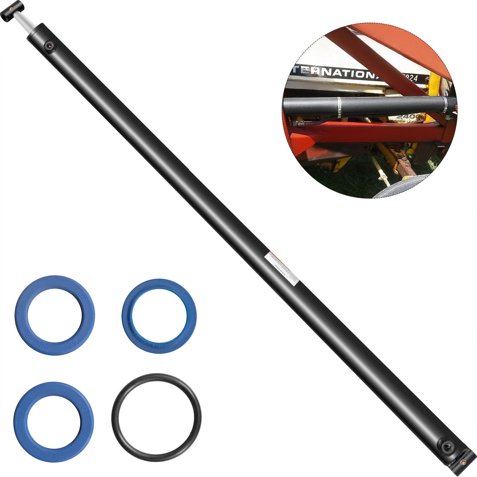 VEVOR hydraulic cylinder with installation inset and three blue, one black seals.
