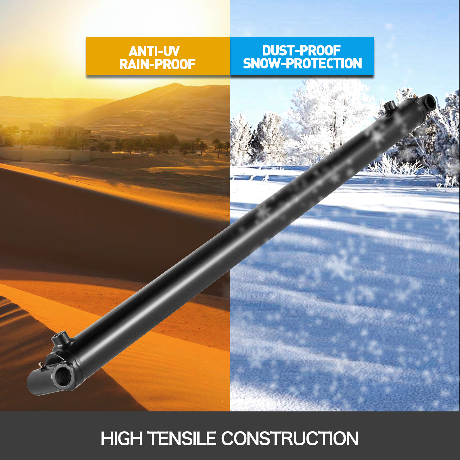 VEVOR hydraulic cylinder suitable for all-weather conditions with dust and snow protection.