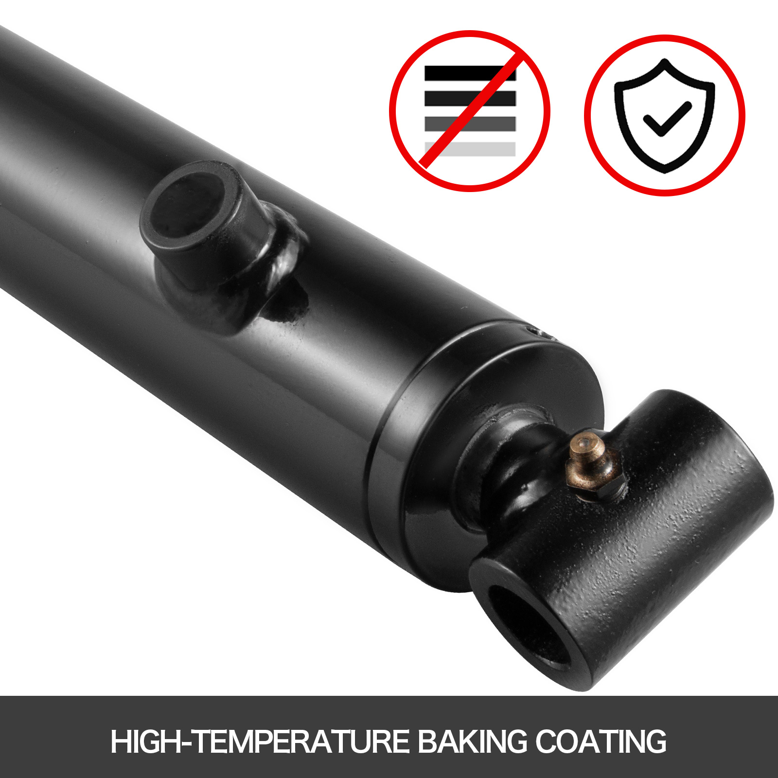 black VEVOR hydraulic cylinder with high-temperature baking coating, no fading, durable.