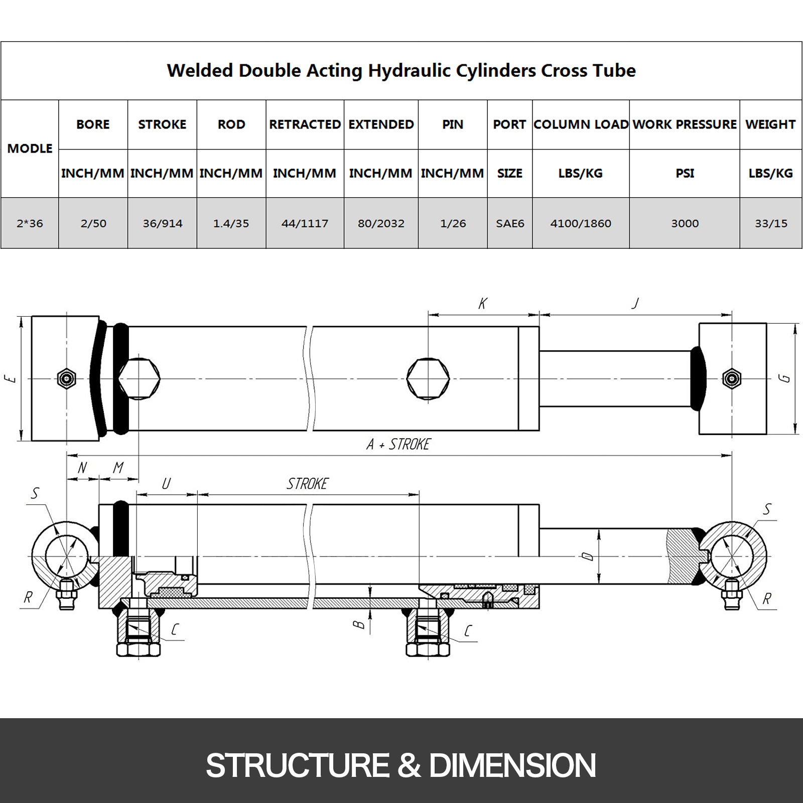 VEVOR hydraulic cylinder dimensions overview: 2 inch bore, 36 inch stroke, 3000 psi.