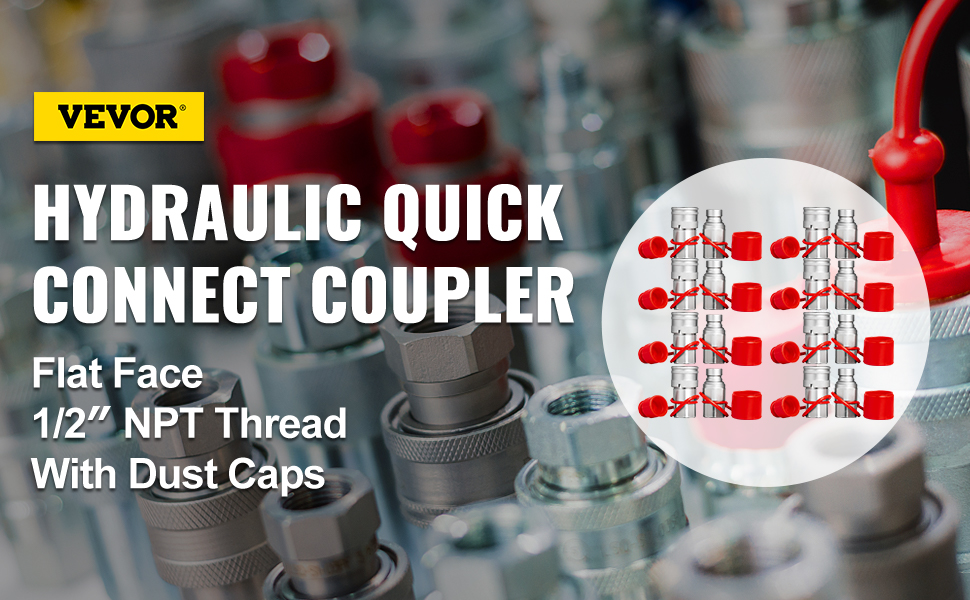VEVOR skid steer hydraulic quick connect coupler with 1/2" npt thread dust caps.
