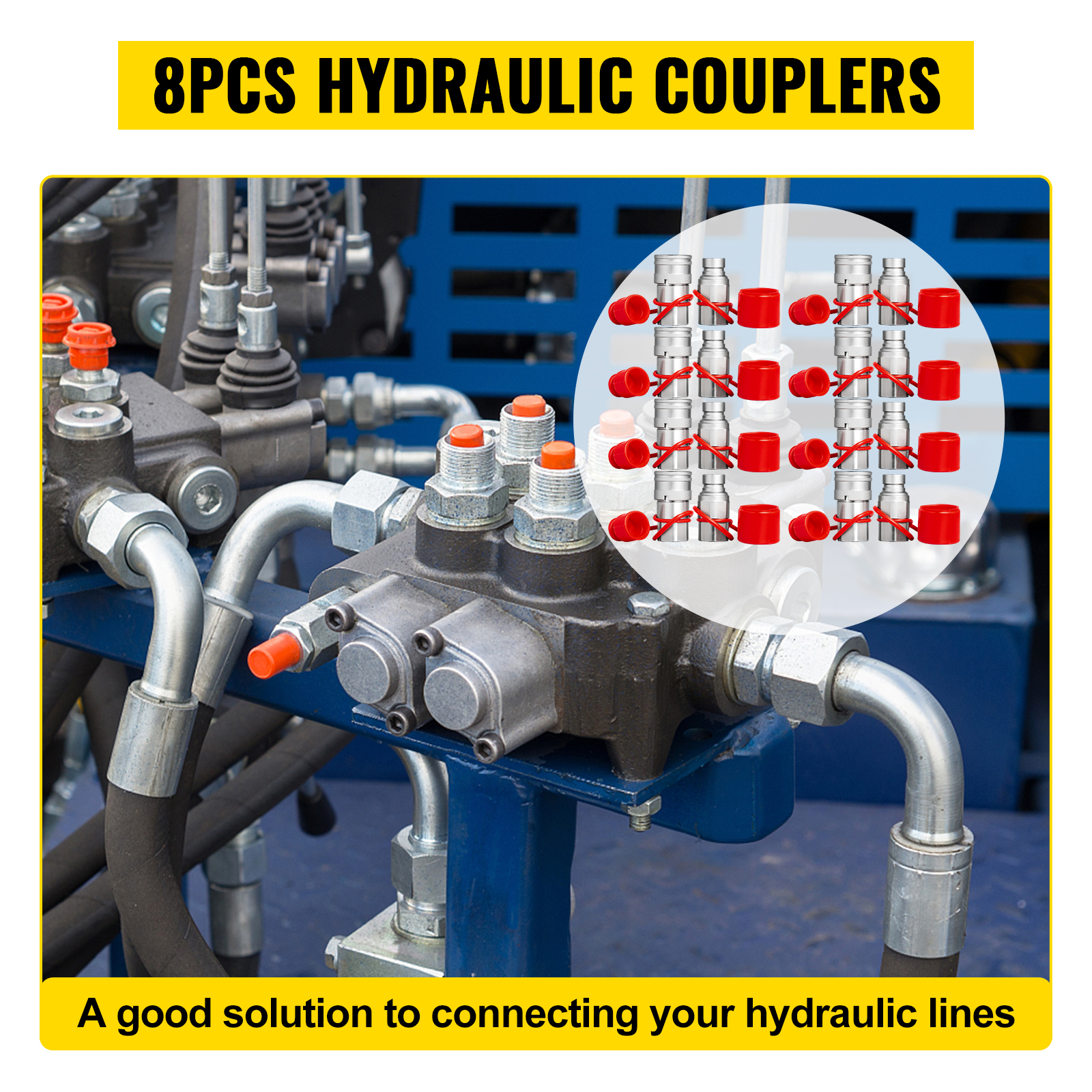 VEVOR skid steer hydraulic quick connect with 8pcs hydraulic couplers for hydraulic lines.