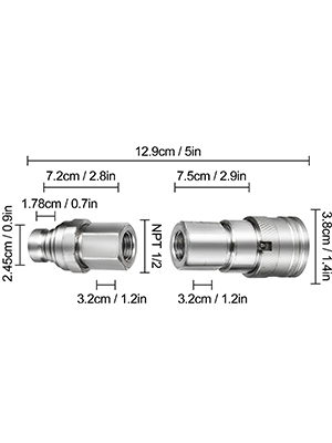 dimensions and measurements of VEVOR hydraulic couplers in centimeters and inches.