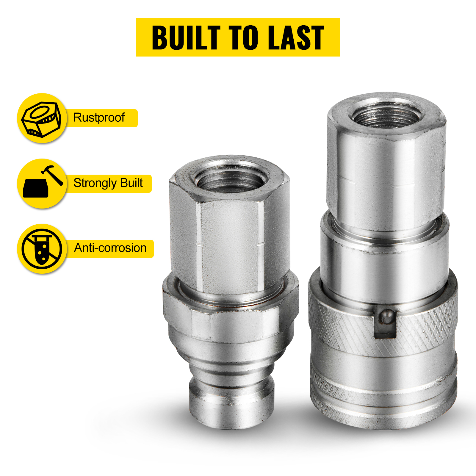 VEVOR hydraulic couplers, rustproof, strongly built, anti-corrosion, built to last.
