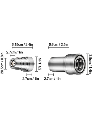 VEVOR hydraulic couplers with measurement details in cm and inches.
