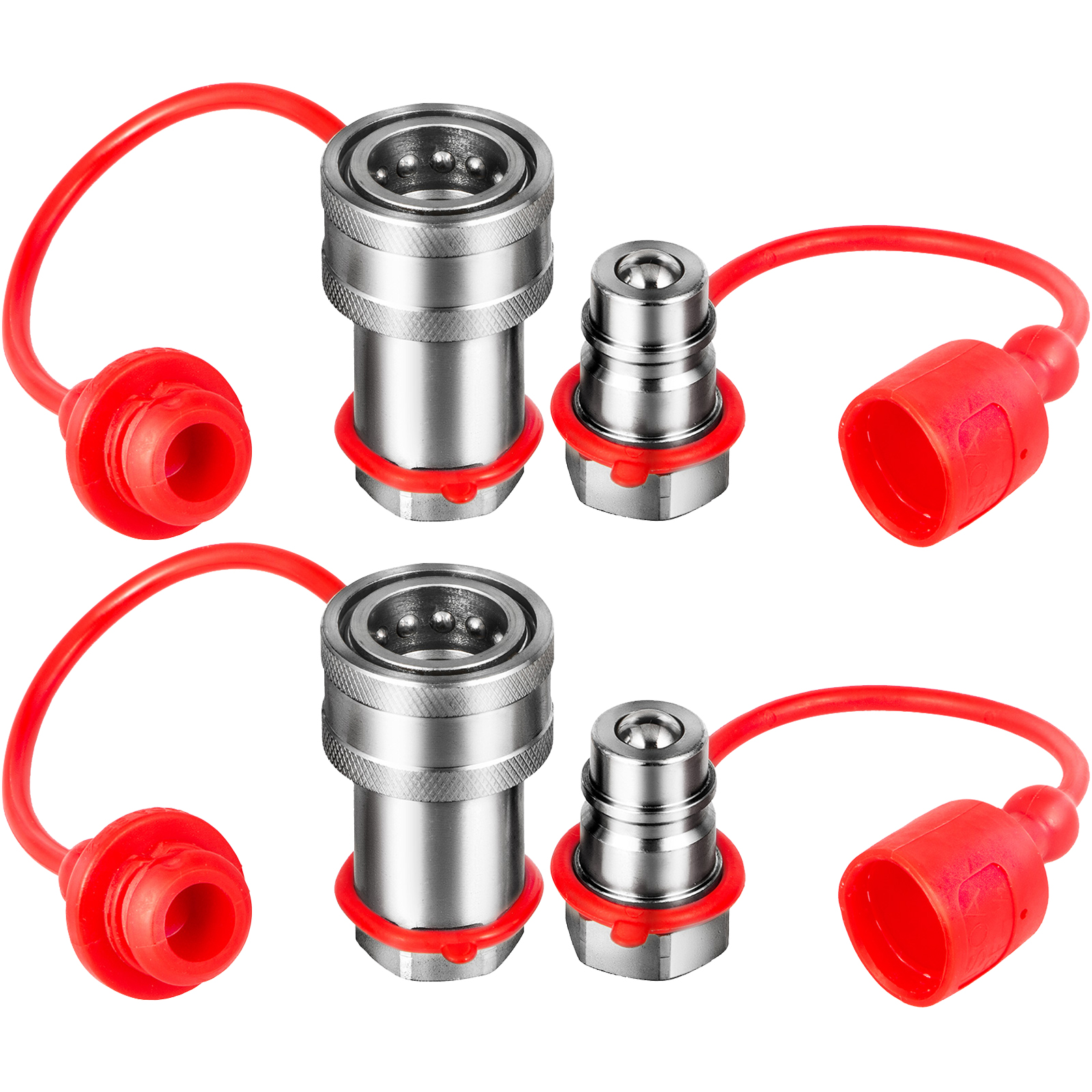 VEVOR hydraulic couplers with red protective caps, showing male and female connectors.