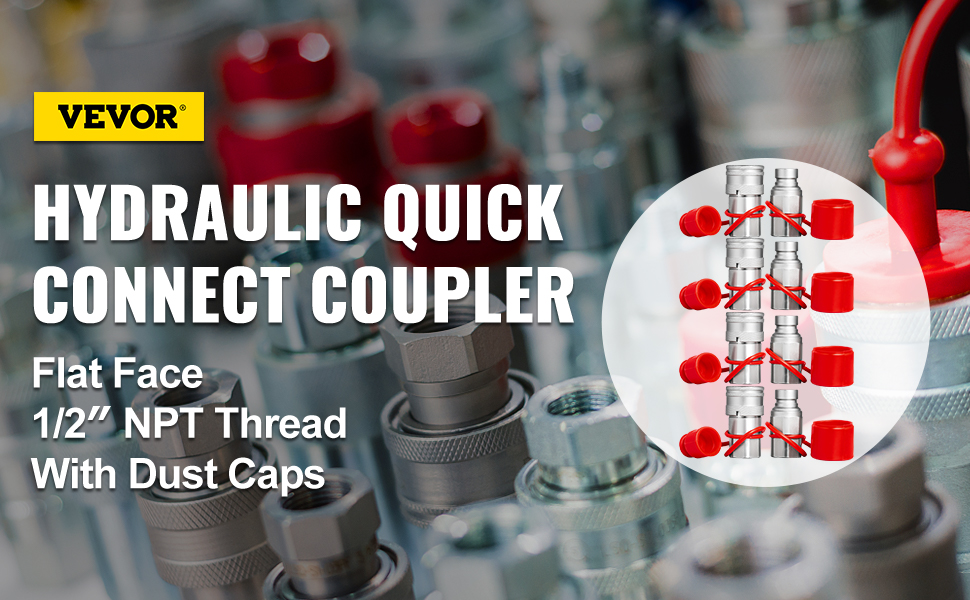 VEVOR hydraulic quick connect coupler with 1/2" npt thread and dust caps.