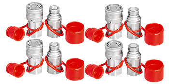 four sets of VEVOR hydraulic quick connect fittings with red protective caps.