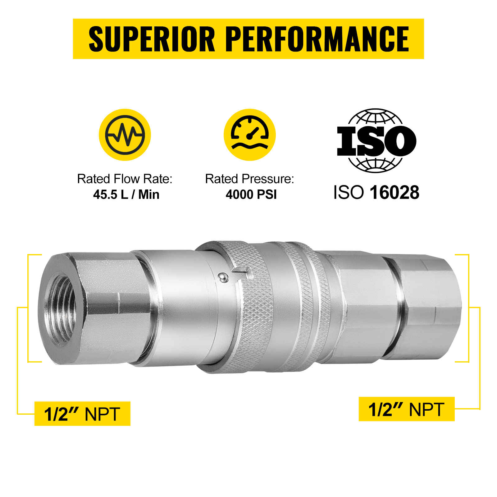 VEVOR hydraulic quick connect with 1/2" npt, 4000 psi pressure, and 45.5 l/min flow rate.