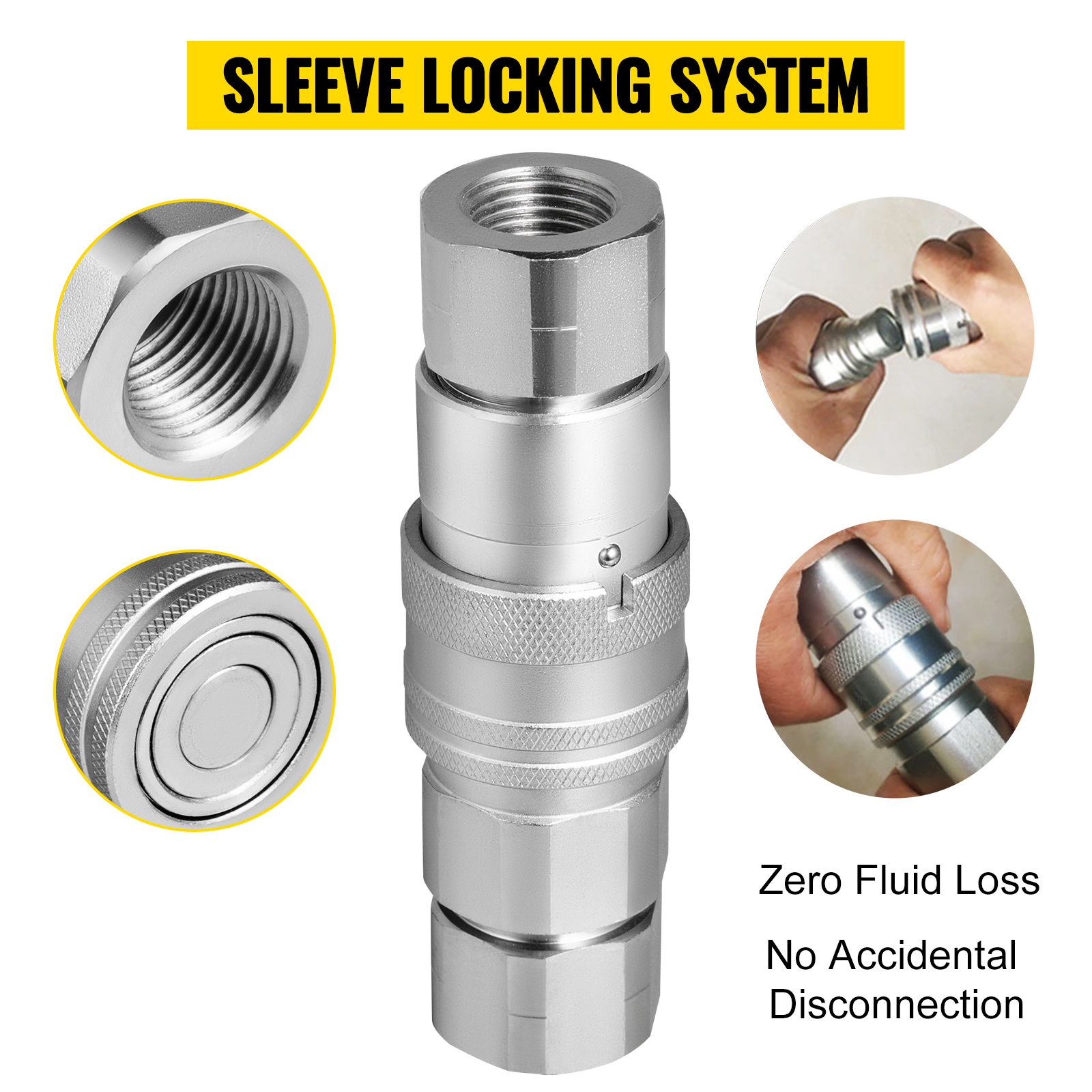 VEVOR hydraulic quick connect with sleeve locking system, zero fluid loss, secure disconnect.