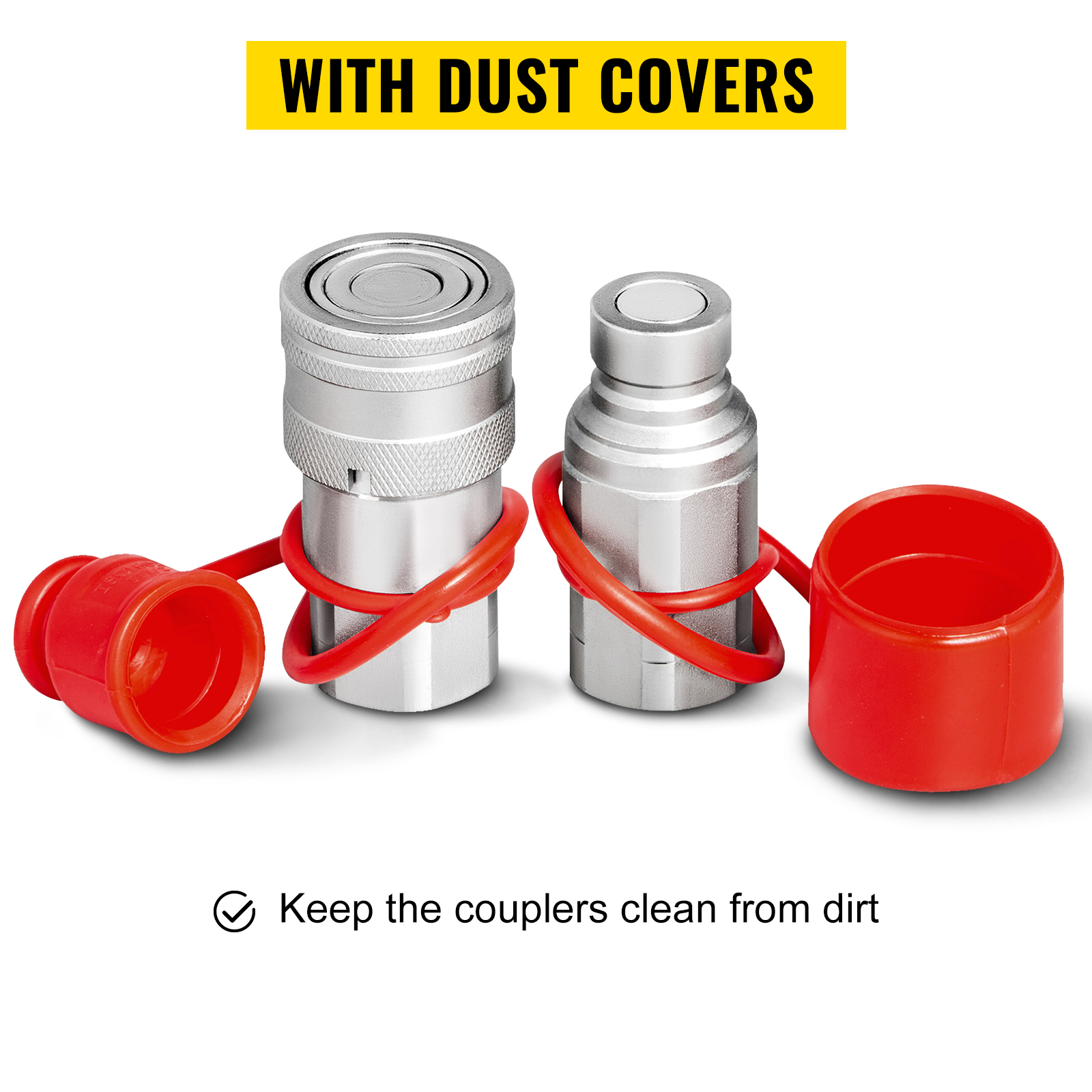 VEVOR hydraulic quick connect with red dust covers, ensuring cleanliness.
