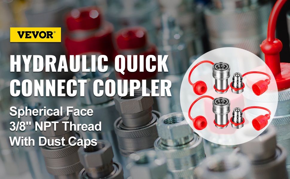VEVOR hydraulic couplers quick connect, 3/8" npt thread, with dust caps.