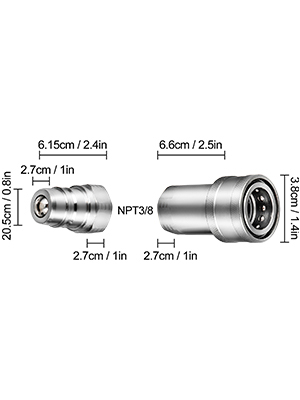 VEVOR hydraulic couplers with npt3/8 and dimensions labeled in cm and inches.