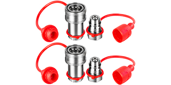 VEVOR hydraulic couplers with red protective caps and connectable metal fittings.