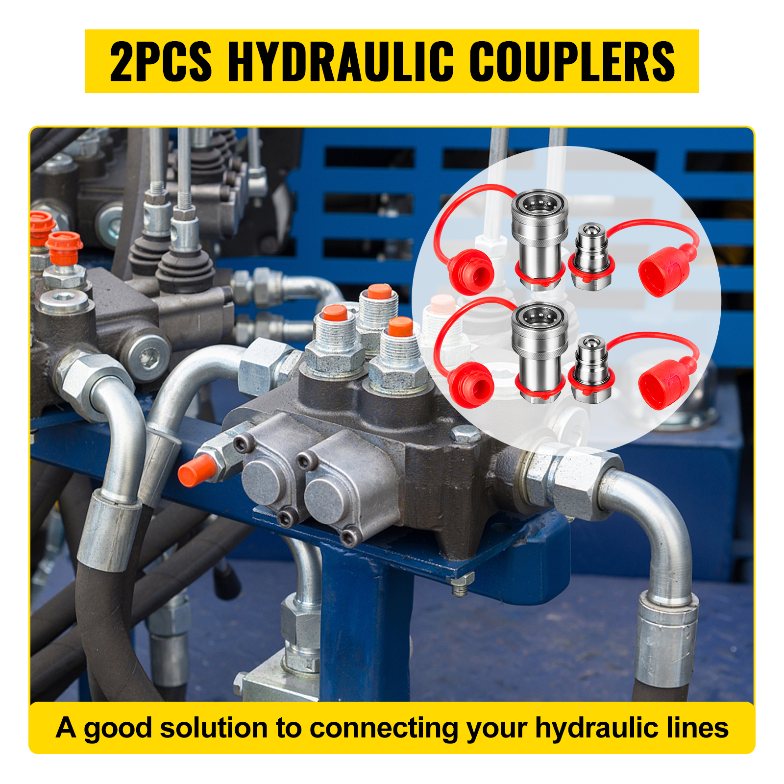 VEVOR hydraulic couplers for connecting hydraulic lines, 2pcs set with orange caps.
