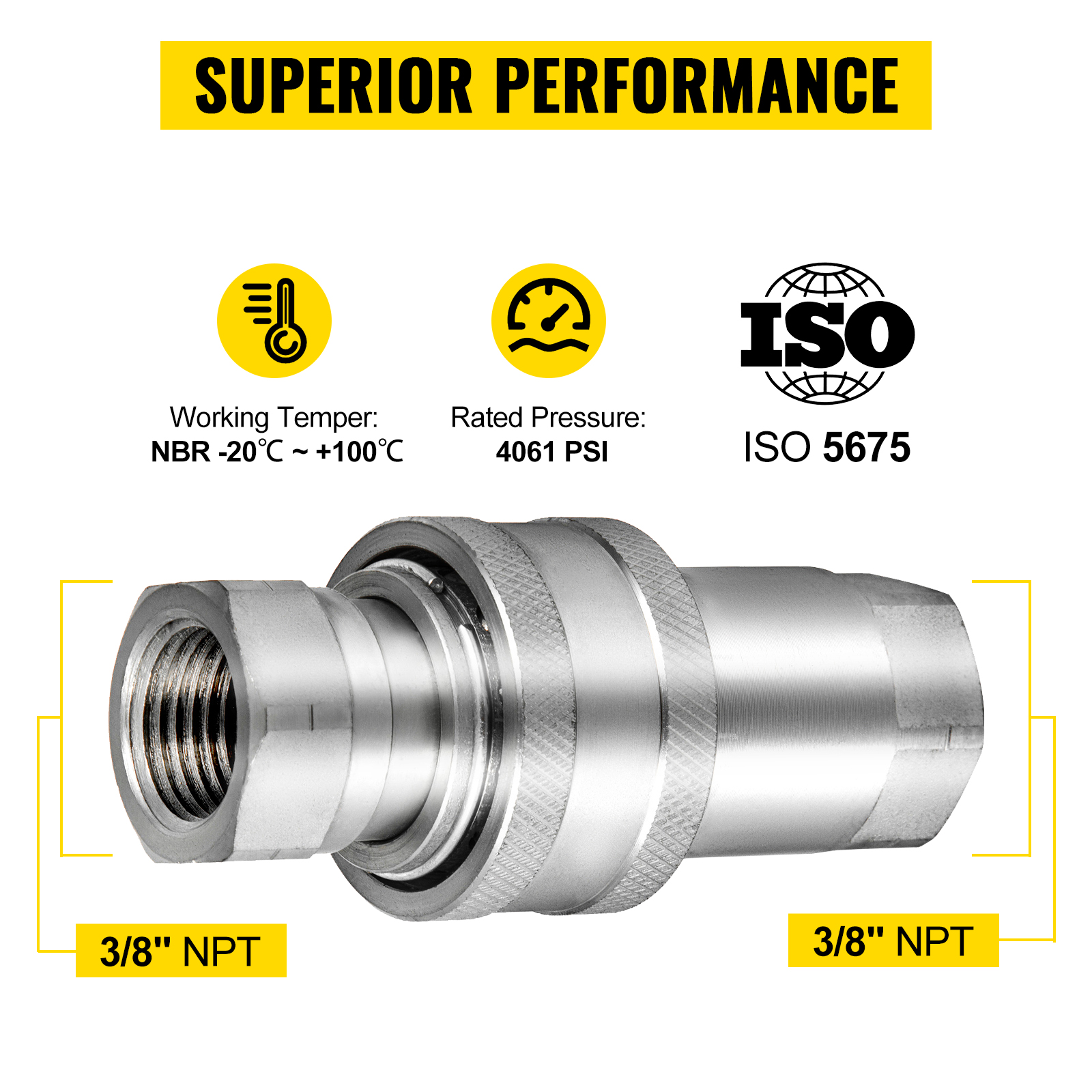 VEVOR hydraulic couplers: 3/8" npt, 4061 psi, nbr -20°c to +100°c, iso 5675, superior performance