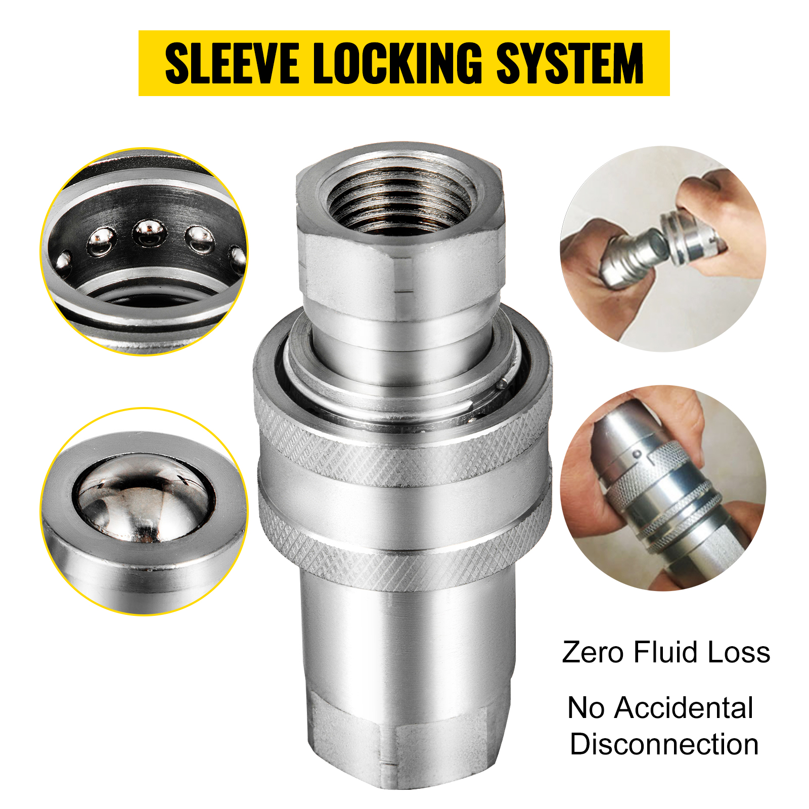 VEVOR hydraulic couplers with sleeve locking system, zero fluid loss, no disconnection.