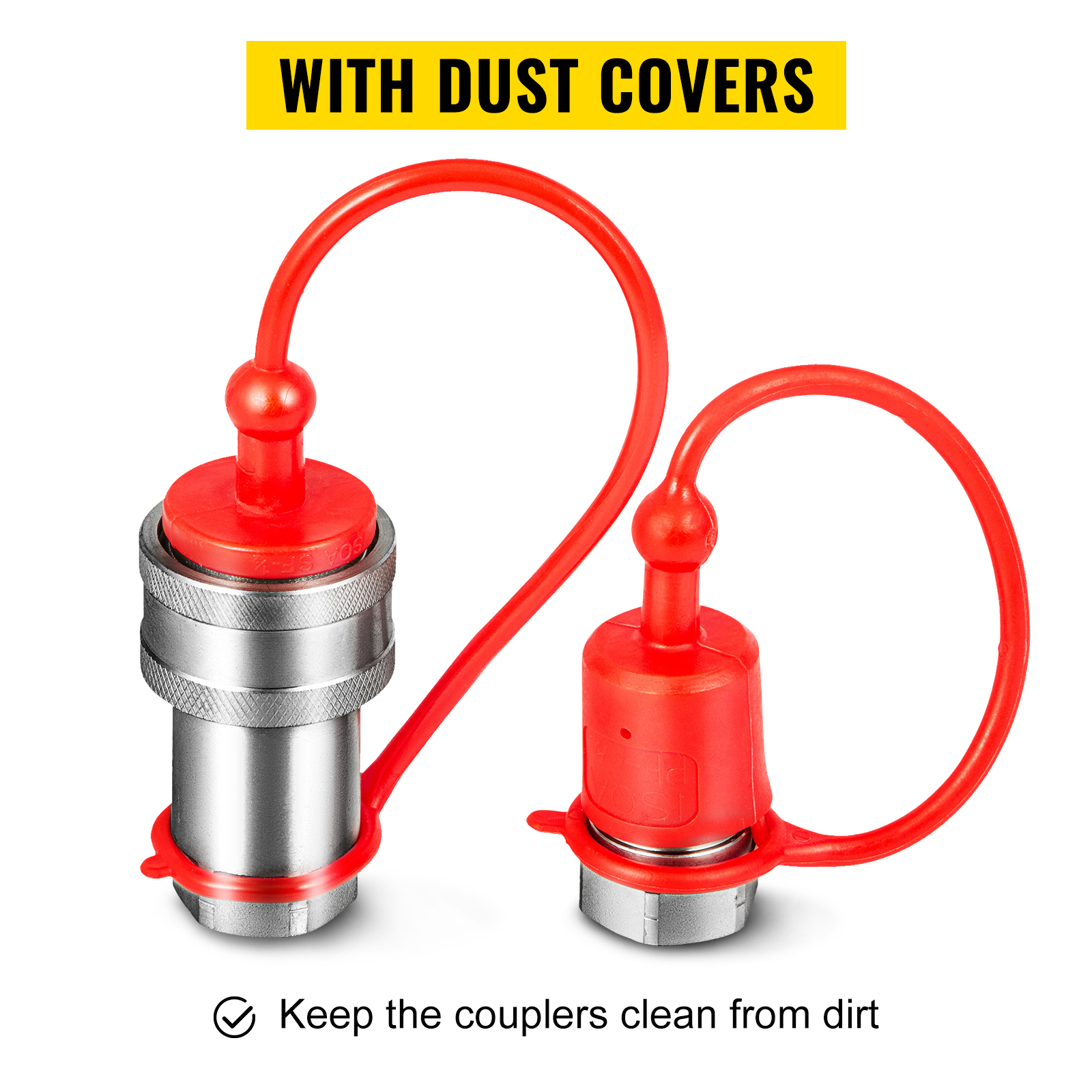 VEVOR hydraulic couplers with red dust covers to keep them clean from dirt.