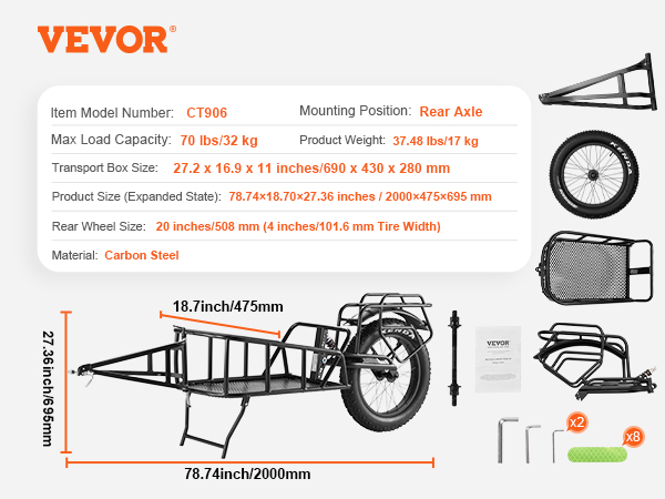 VEVOR bike cargo trailer, carbon steel, rear axle mount, 70 lbs capacity, 78.74x18.7x27.36 inches.