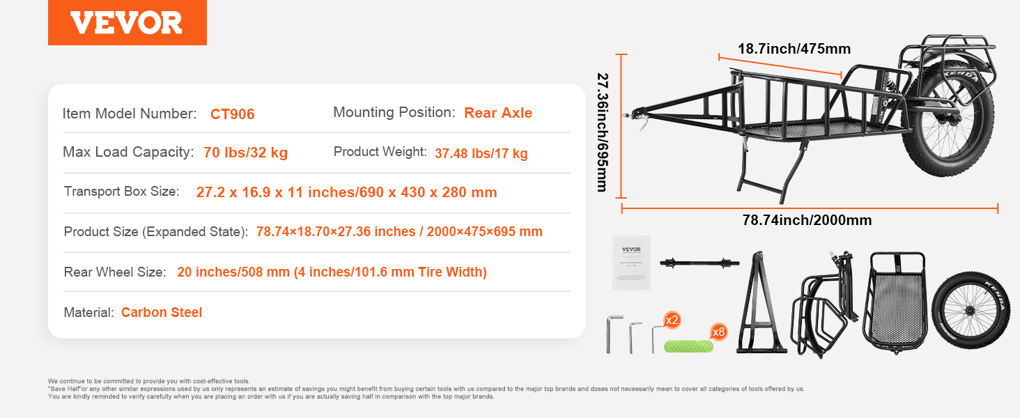 VEVOR bike cargo trailer, carbon steel, rear axle mount, 70 lbs capacity, 78.74x18.7x27.36 inches.