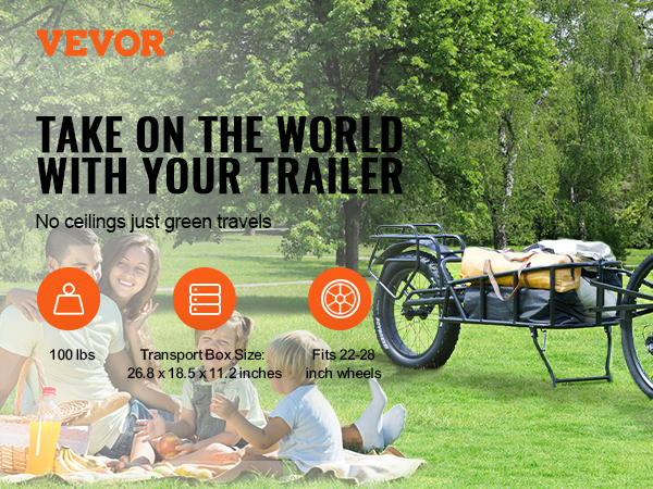family enjoying a sunny day in the park with a VEVOR bike cargo trailer loaded with gear in the background.