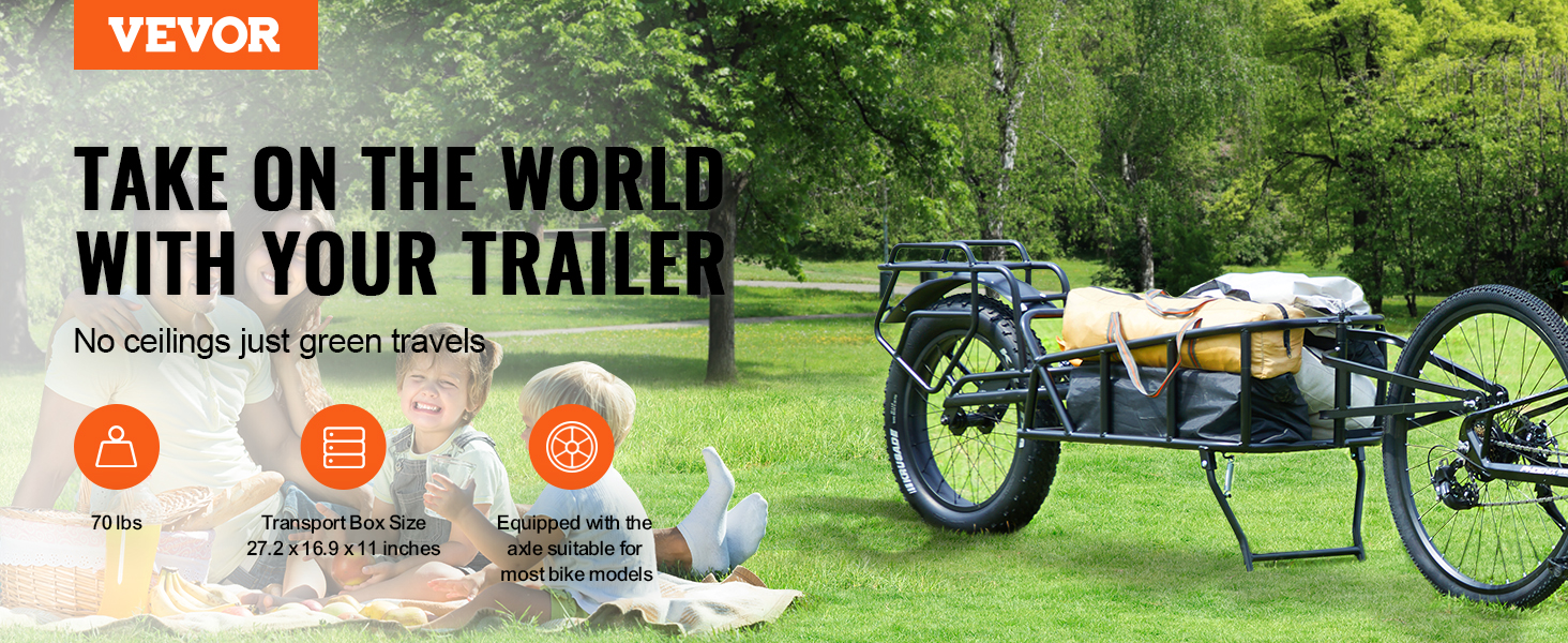 family enjoying a sunny day in the park with a VEVOR bike cargo trailer loaded with gear in the background.