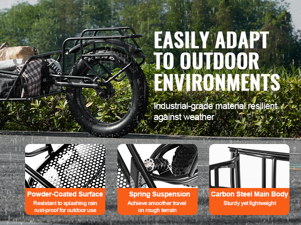 VEVOR bike cargo trailer in rain, showcasing powder-coated surface, spring suspension, and carbon steel body.
