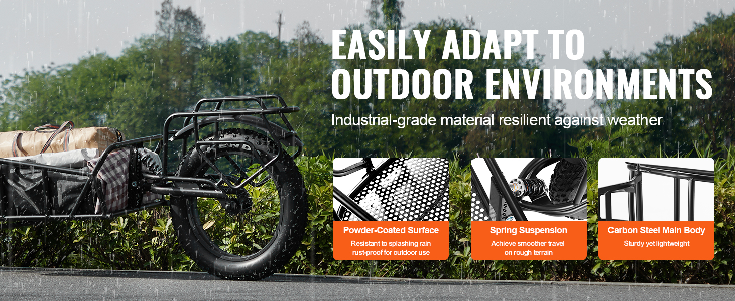 VEVOR bike cargo trailer in rain, showcasing powder-coated surface, spring suspension, and carbon steel body.