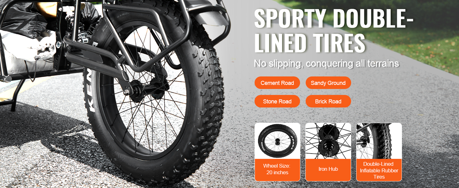 sporty double-lined tires for VEVOR bike cargo trailer, perfect for all terrains: cement, sandy, stone, brick.