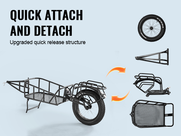 quick attach and detach VEVOR bike cargo trailer with upgraded quick release structure.