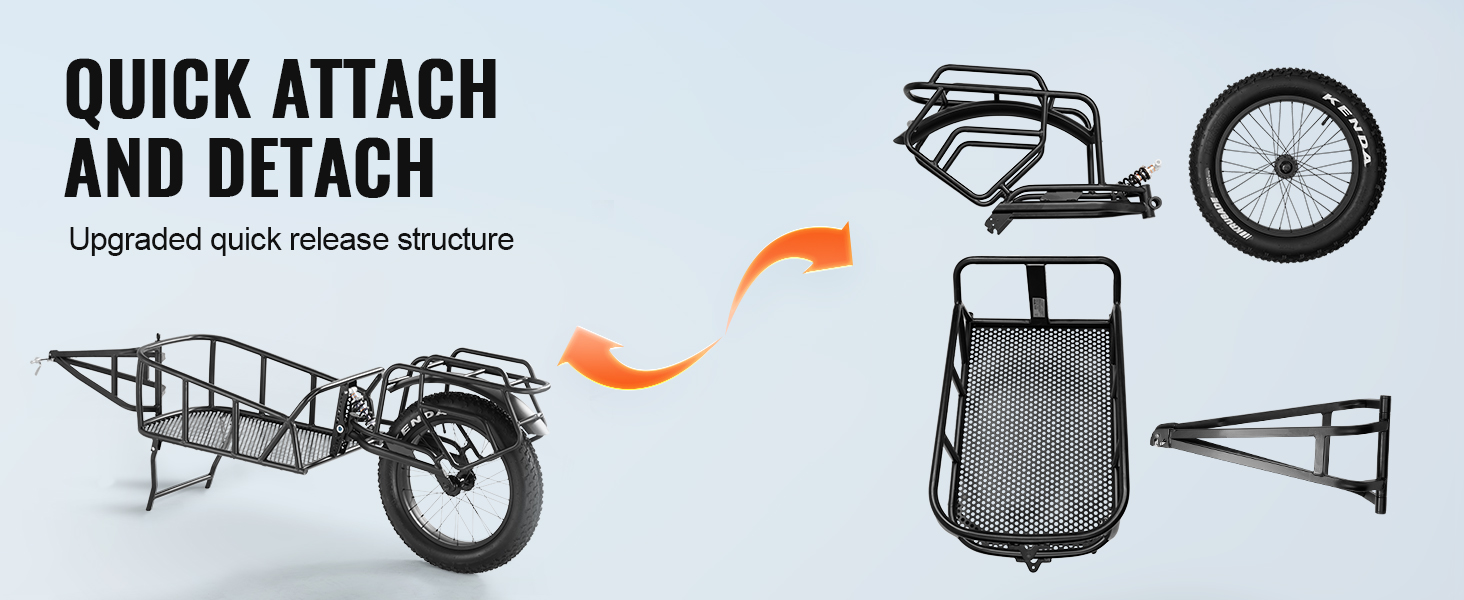 quick attach and detach VEVOR bike cargo trailer with upgraded quick release structure.