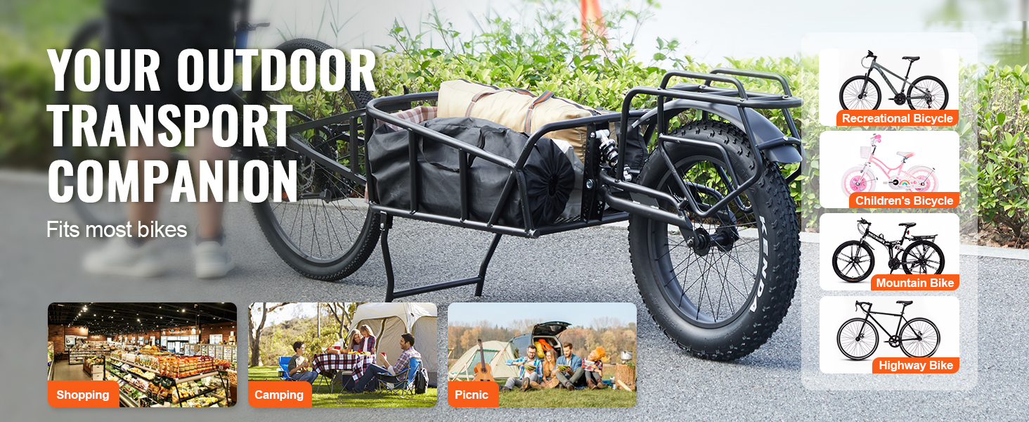 VEVOR bike cargo trailer on path with camping gear; suitable for recreational, children’s, mountain, and highway bikes.