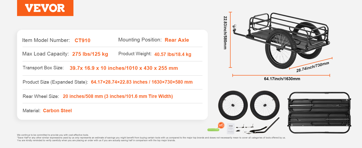 VEVOR bike cargo trailer with 275 lbs capacity, 20" wheels, carbon steel frame, and rear axle mounting.
