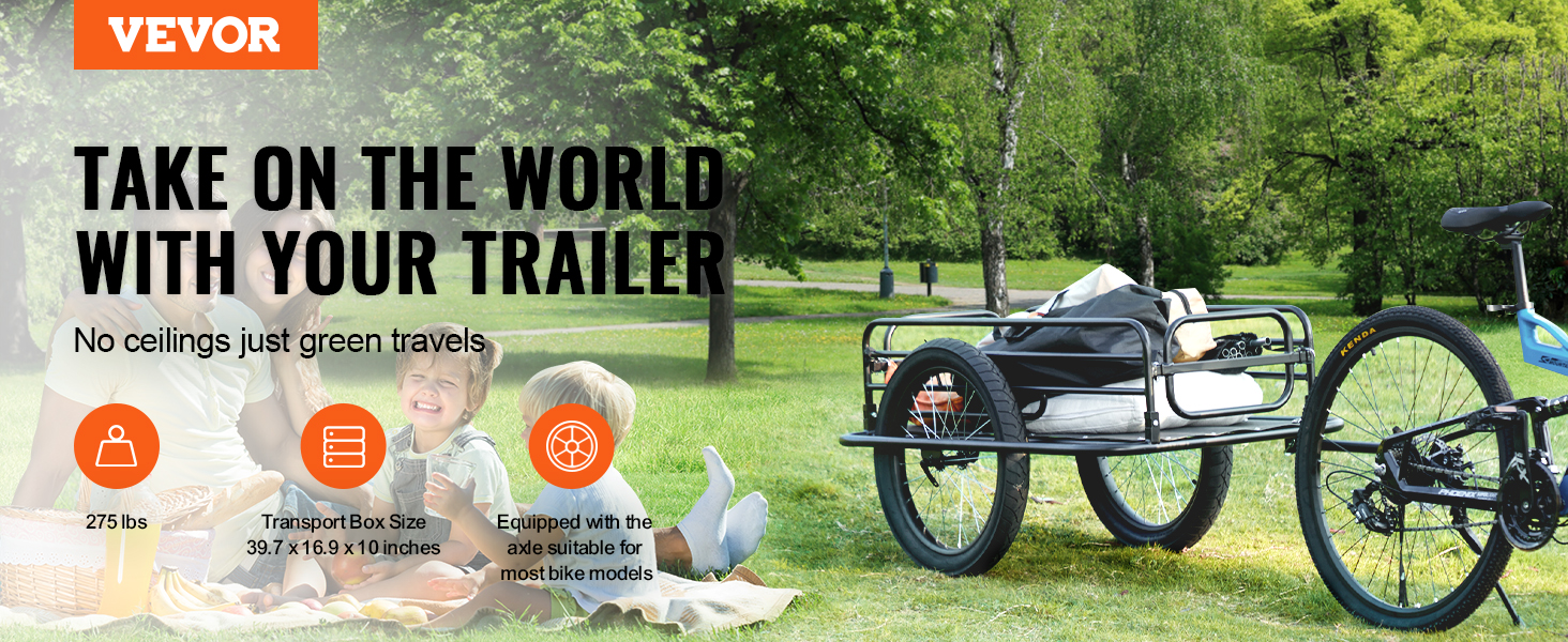 VEVOR bike cargo trailer in a park with a picnic setup, perfect for outdoor adventures.
