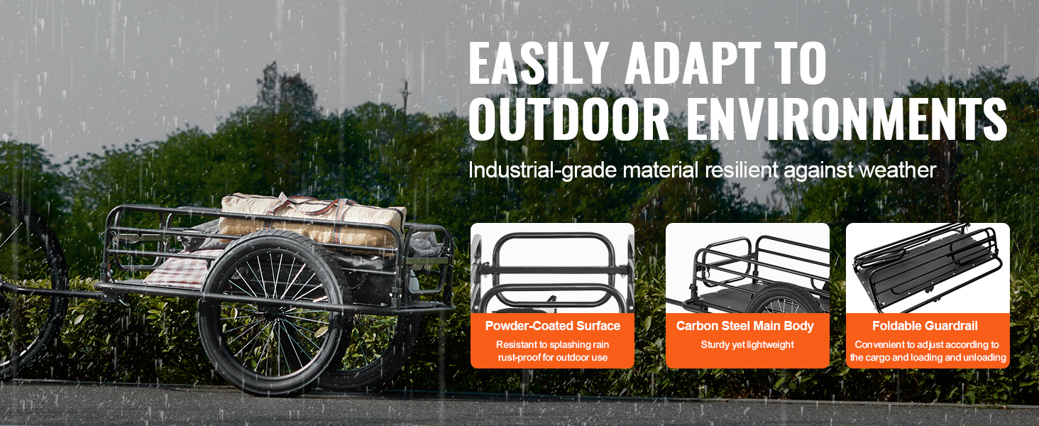 VEVOR bike cargo trailer in rain with tow frame, cargo platform, and highlighted features.