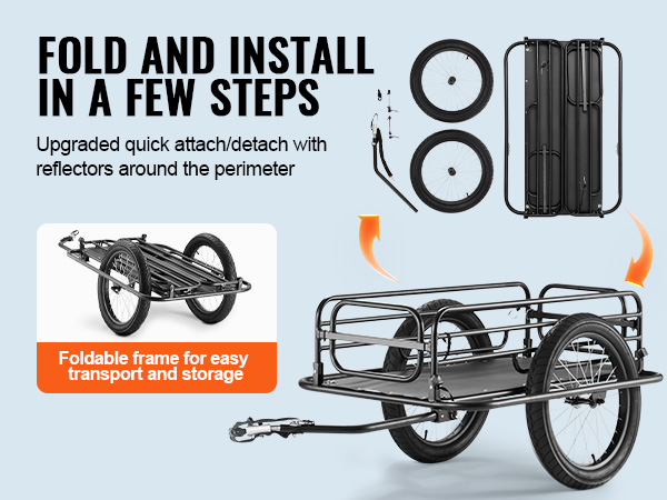VEVOR bike cargo trailer with foldable frame, quick attach/detach system, and perimeter reflectors.