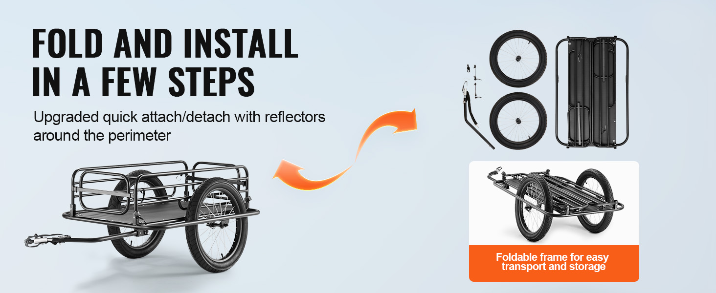 VEVOR bike cargo trailer with foldable frame, quick attach/detach system, and perimeter reflectors.