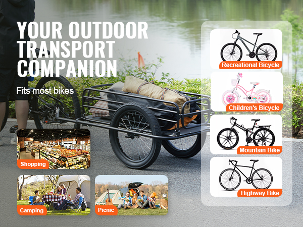 VEVOR bike cargo trailer transporting camping gear, fits recreational, children's, mountain, and highway bikes.