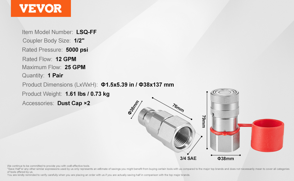 VEVOR hydraulic couplers lsq-ff, 1/2" body, 5000 psi, 12 gpm flow, with dust cap, dimensions and weight details.