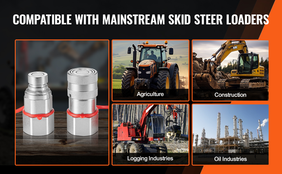 VEVOR hydraulic couplers compatible with skid steer loaders for agriculture, construction, logging, oil industries.