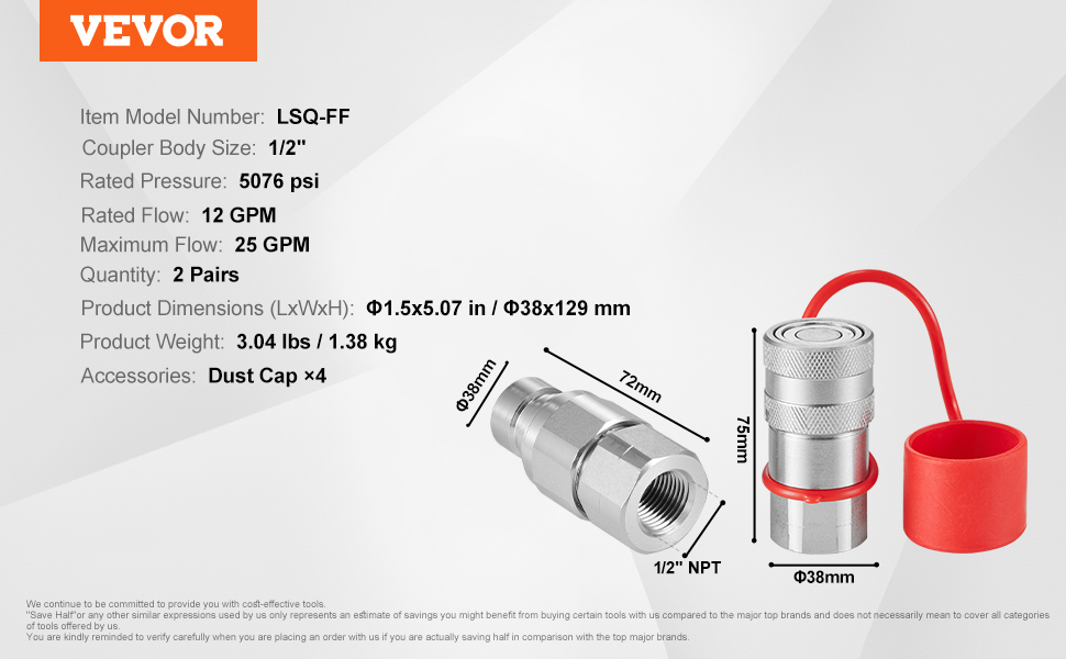 VEVOR hydraulic quick connect couplers, 1/2" npt, 5076 psi, 12 gpm, set of 2 pairs with dust caps.