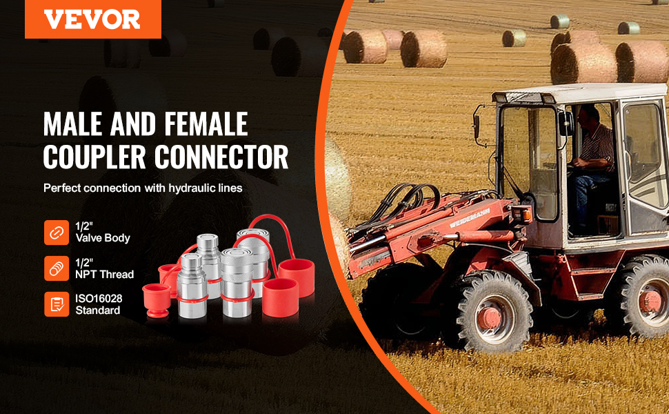 VEVOR hydraulic quick connect couplers next to a tractor in a hay field with product specs listed.