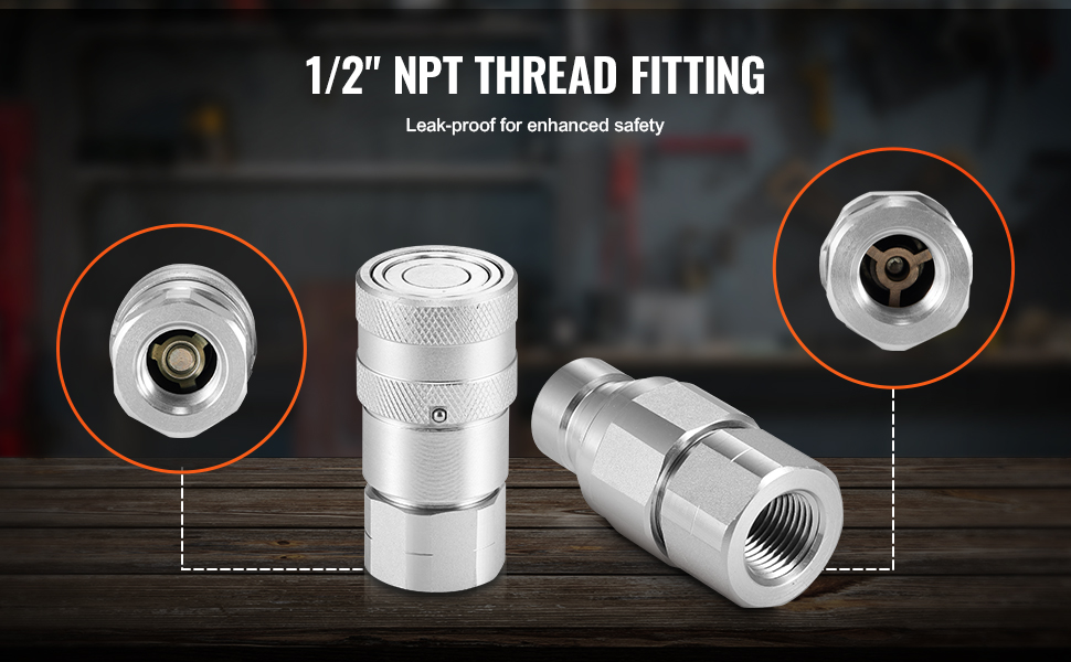 VEVOR hydraulic quick connect couplers with 1/2" npt thread; leak-proof, enhanced safety for durable use.