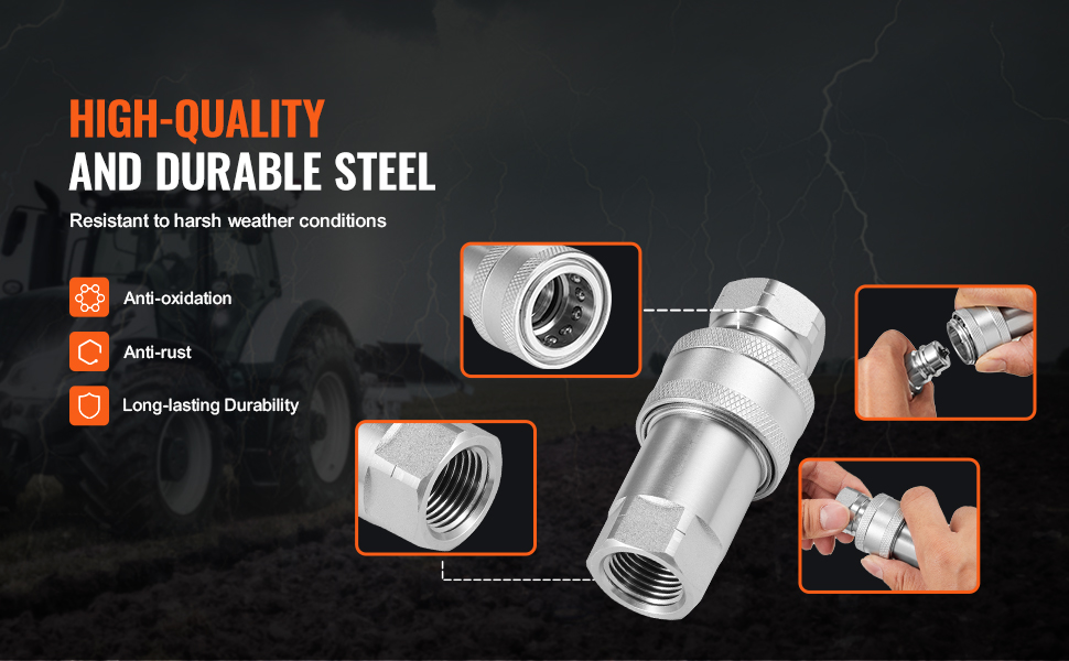 high-quality and durable VEVOR hydraulic quick connect couplers, resistant to harsh weather conditions.