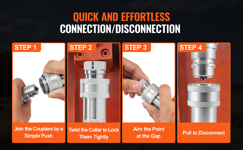 VEVOR hydraulic quick connect couplers showing 4-step connection and disconnection process.